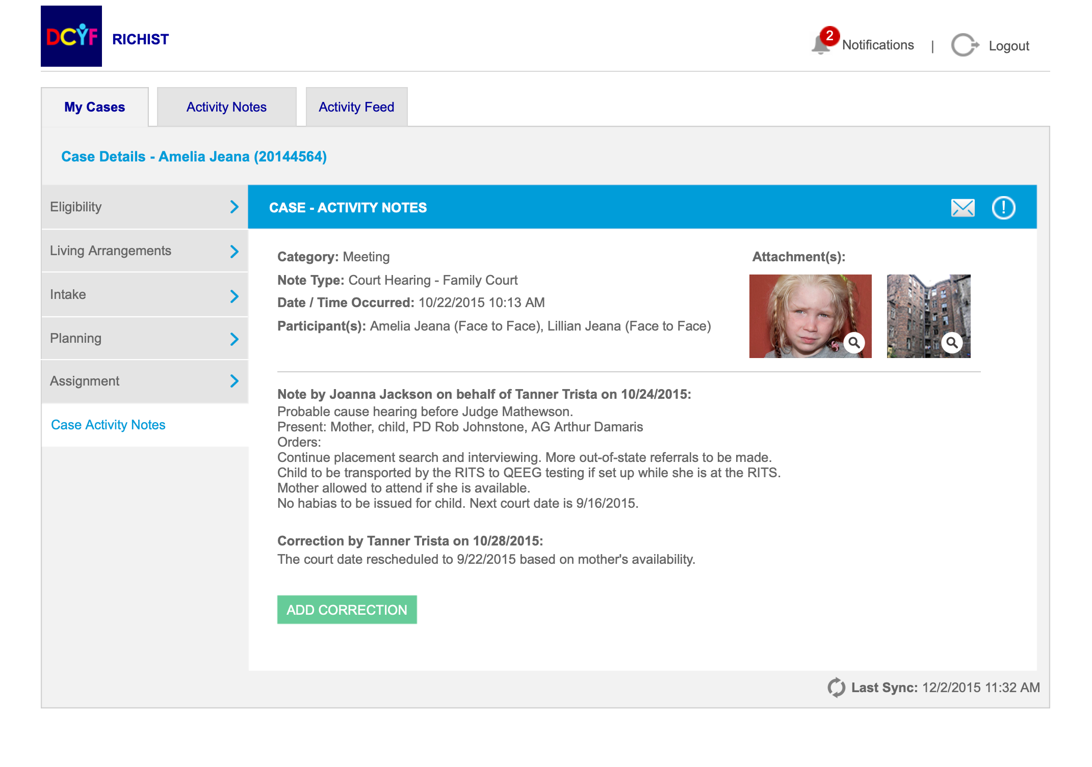 RICHIST case activity notes interface — court hearing note with attachments, correction history, and case-worker tabs
