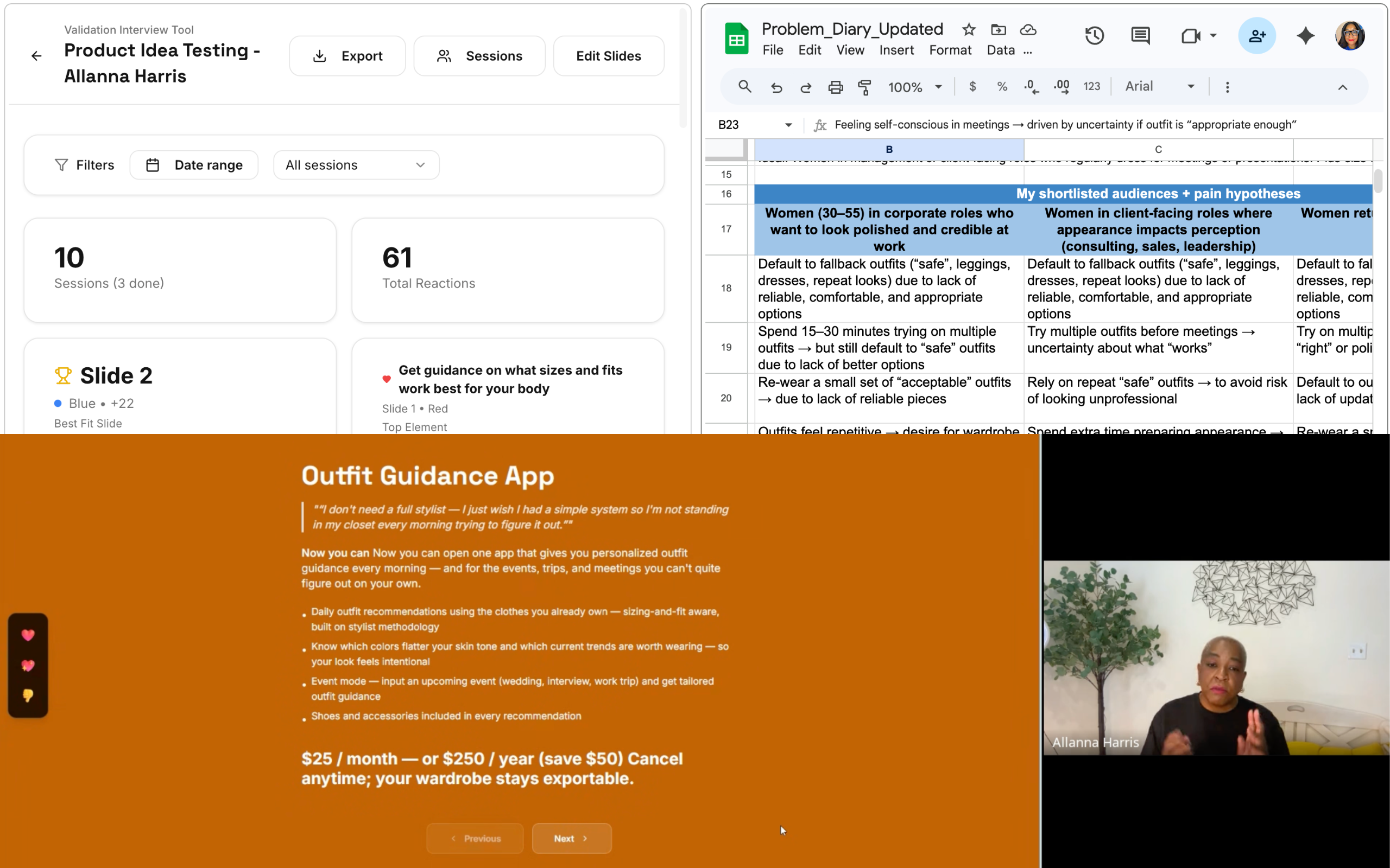 PYNK research — validation interview tool, problem diary spreadsheet, and outfit guidance concept testing
